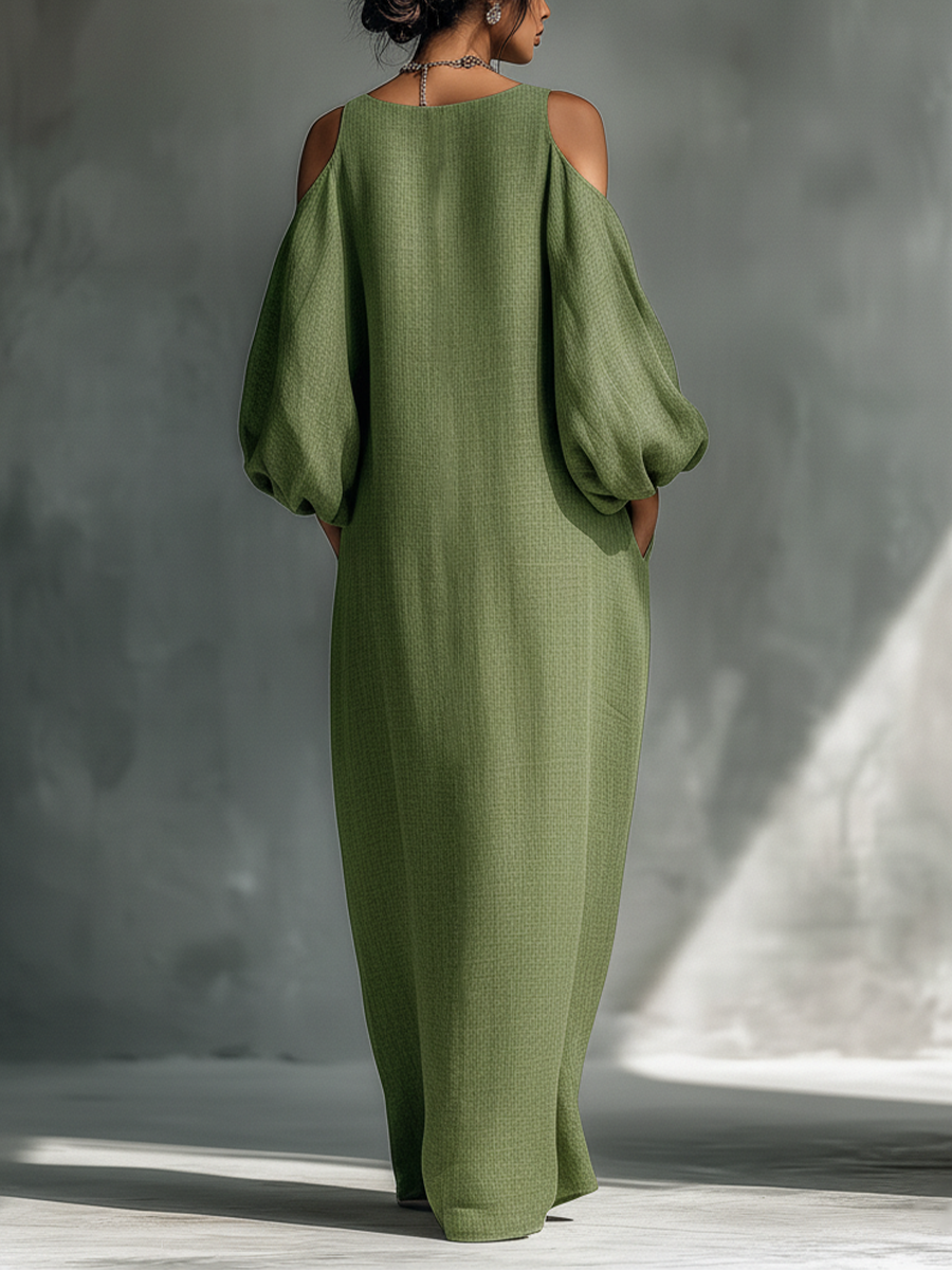 Ombeline | Robe longue vert clair pour femme à épaules dénudées, manches bouffantes oversize et poches latérales