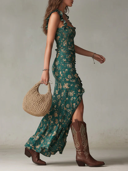 Églantine | Robe maxi imprimée verte bohème à manches à volants