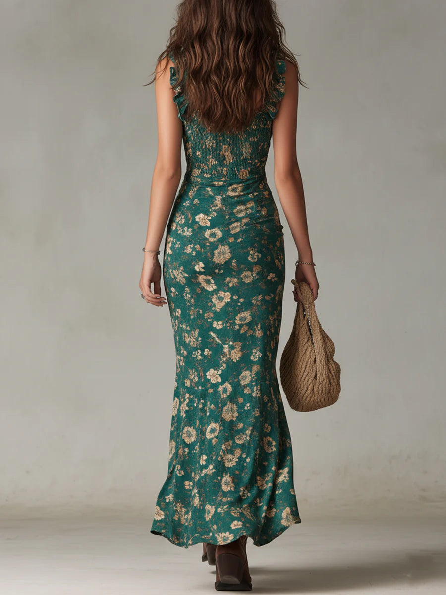 Églantine | Robe maxi imprimée verte bohème à manches à volants