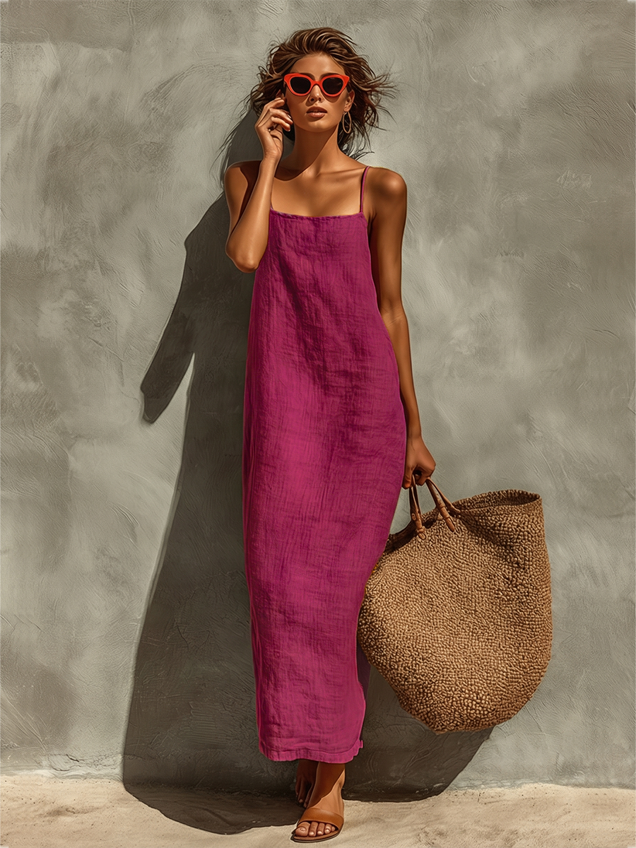 Sienne | Robe rouge en coton pour femme à bretelles spaghetti et encolure carré, style bohème-résort intemporel