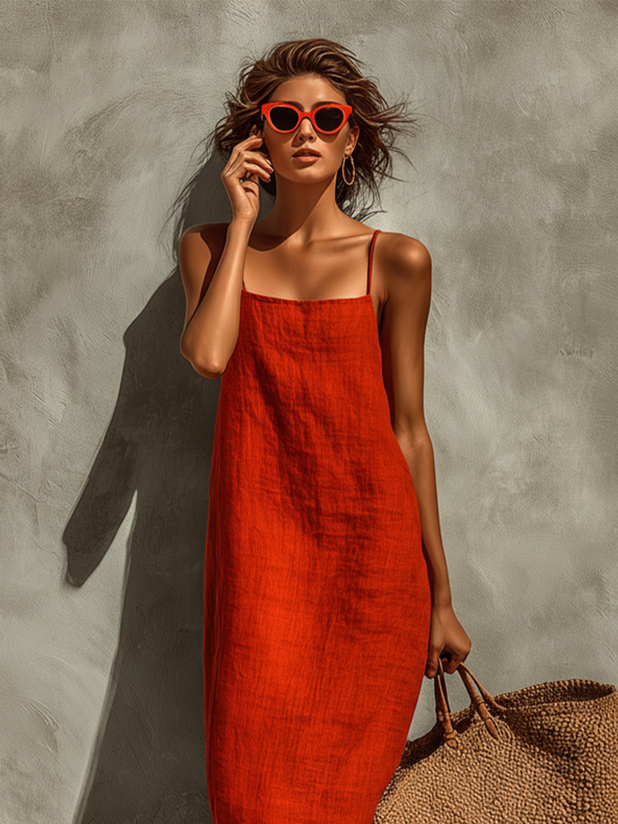 Sienne | Robe rouge en coton pour femme à bretelles spaghetti et encolure carré, style bohème-résort intemporel