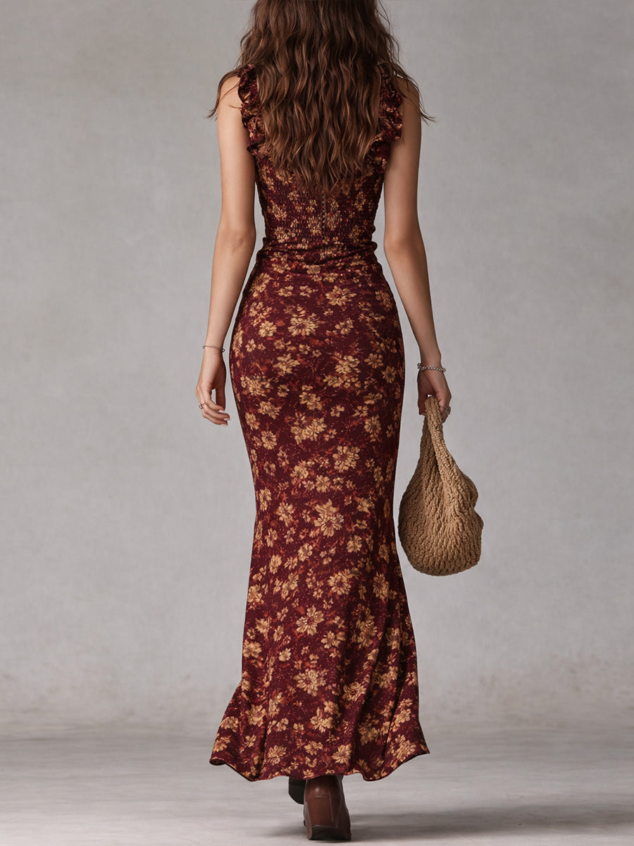 Amara | Robe maxi bohème fleurie avec volants et fente haute