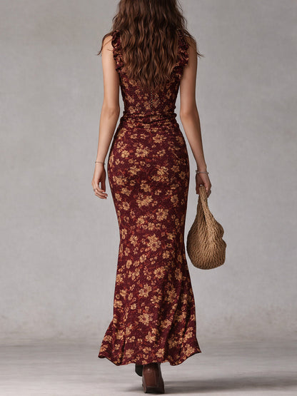 Amara | Robe maxi bohème fleurie avec volants et fente haute