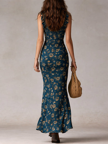 Amara | Robe maxi bohème fleurie avec volants et fente haute