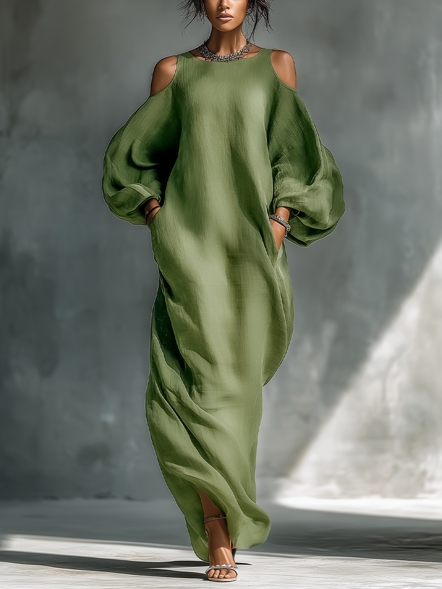 Ombeline | Robe longue vert clair pour femme à épaules dénudées, manches bouffantes oversize et poches latérales