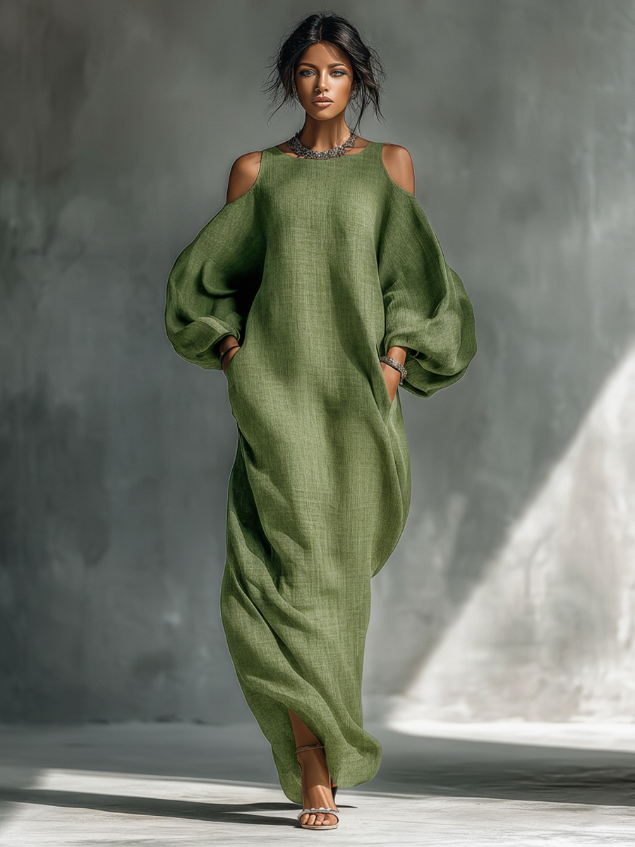 Ombeline | Robe longue vert clair pour femme à épaules dénudées, manches bouffantes oversize et poches latérales