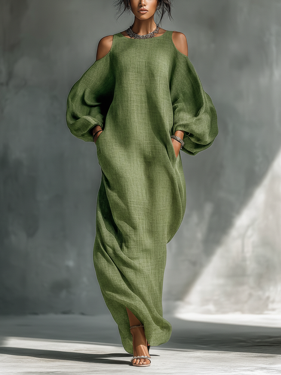 Ombeline | Robe longue vert clair pour femme à épaules dénudées, manches bouffantes oversize et poches latérales