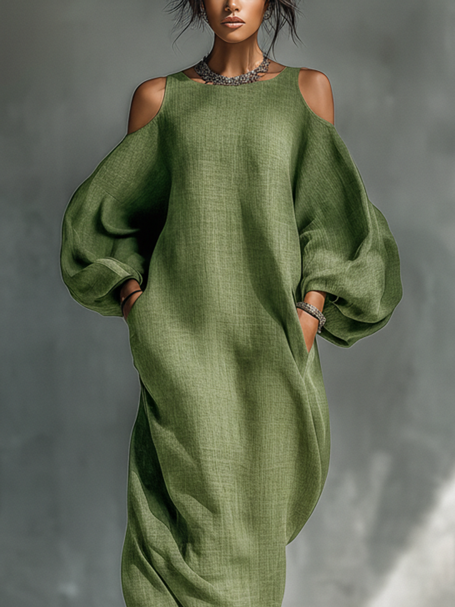 Ombeline | Robe longue vert clair pour femme à épaules dénudées, manches bouffantes oversize et poches latérales