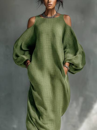 Ombeline | Robe longue vert clair pour femme à épaules dénudées, manches bouffantes oversize et poches latérales