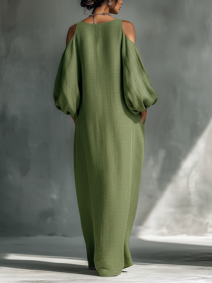 Ombeline | Robe longue vert clair pour femme à épaules dénudées, manches bouffantes oversize et poches latérales