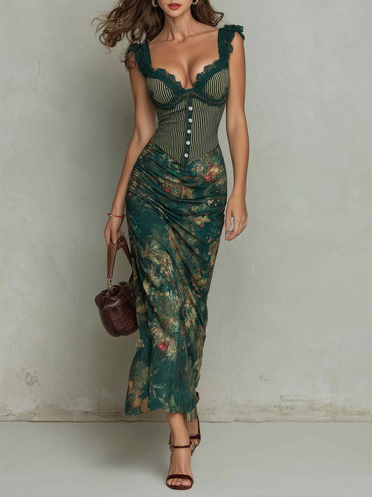 Capucine | Robe longue à motif fleuri rayé et bordure en dentelle rétro