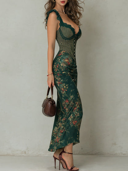 Capucine | Robe longue à motif fleuri rayé et bordure en dentelle rétro