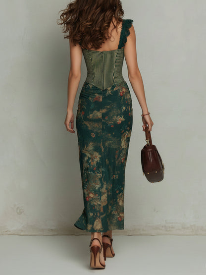 Capucine | Robe longue à motif fleuri rayé et bordure en dentelle rétro