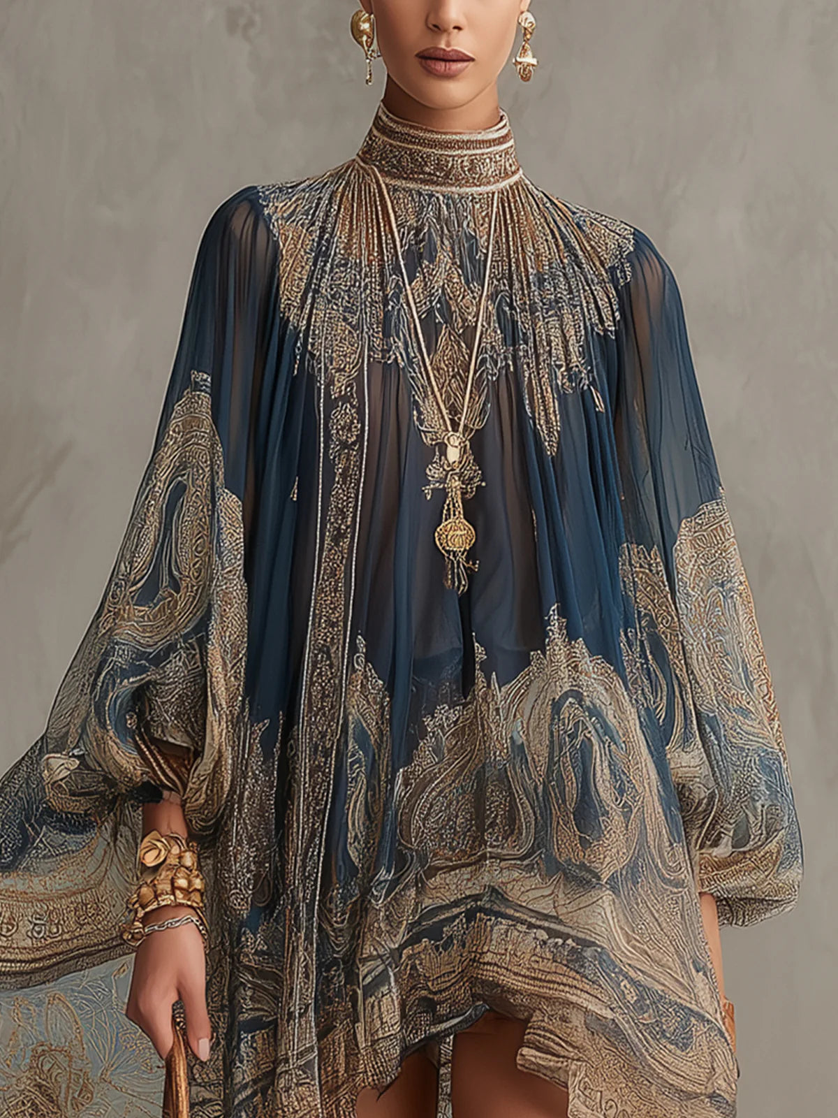Zélide | Robe mini en chiffon bleu marine à imprimé baroque et col montant à ourlet irrégulier