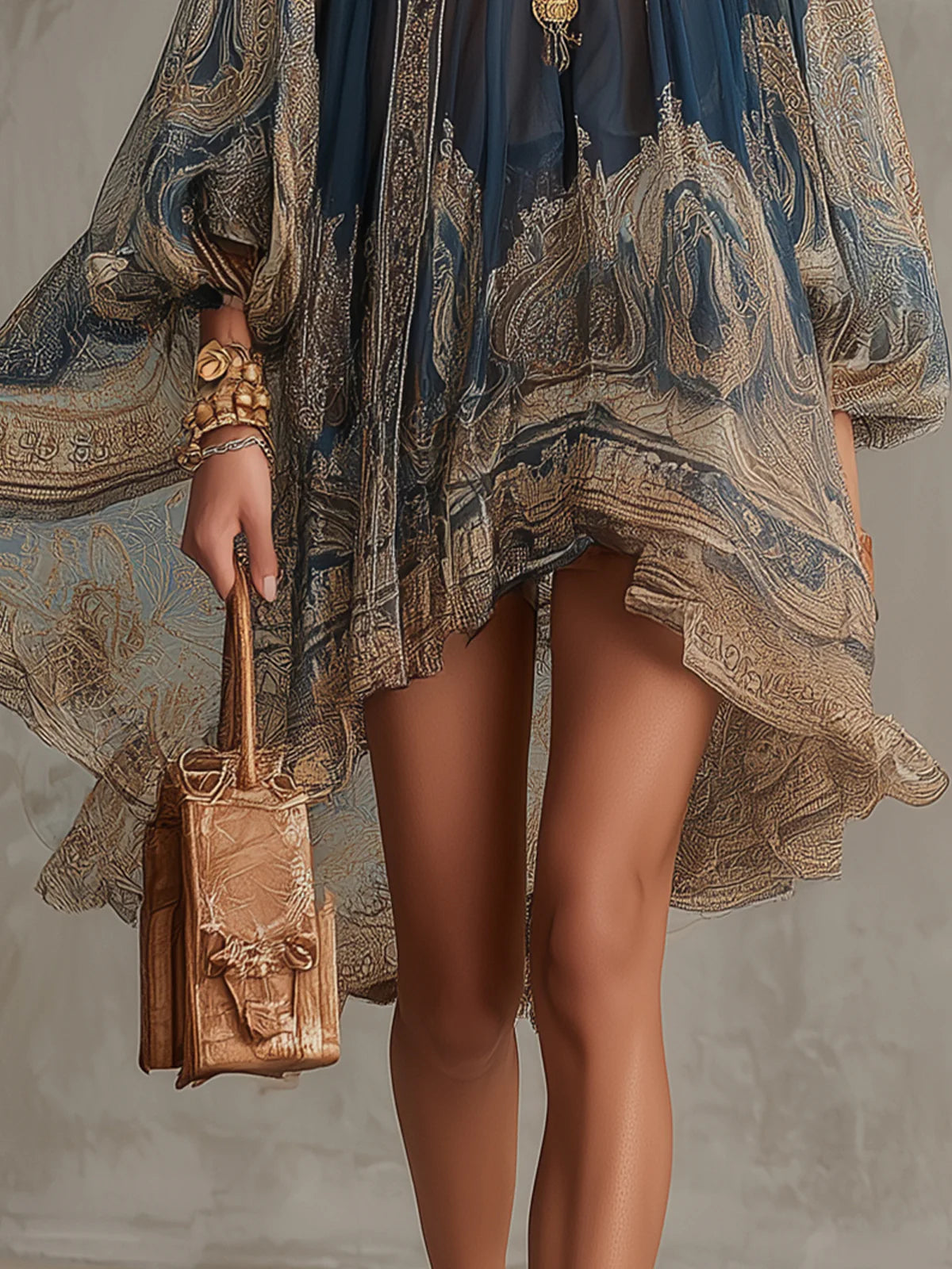 Zélide | Robe mini en chiffon bleu marine à imprimé baroque et col montant à ourlet irrégulier