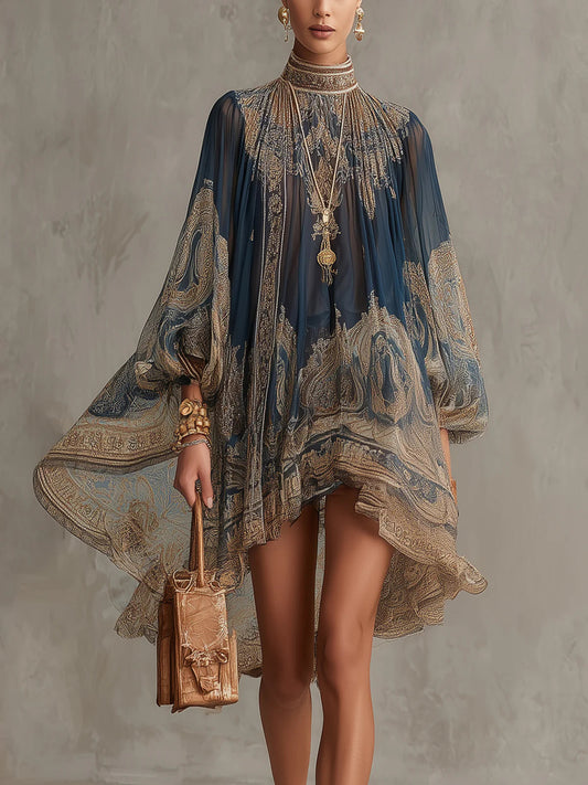 Zélide | Robe mini en chiffon bleu marine à imprimé baroque et col montant à ourlet irrégulier