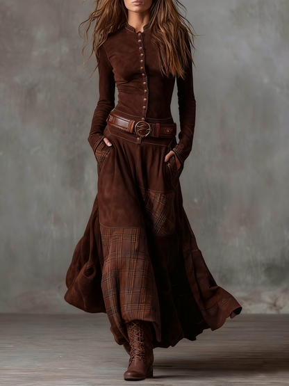 Adèle - Robe maxi en daim avec ceinture