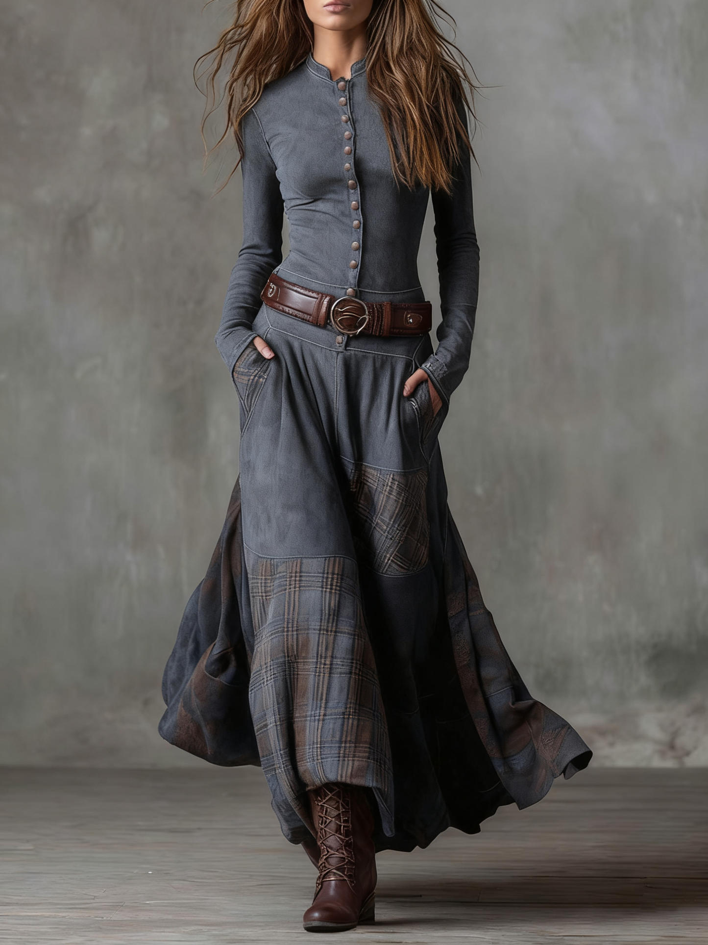 Adèle - Robe maxi en daim avec ceinture