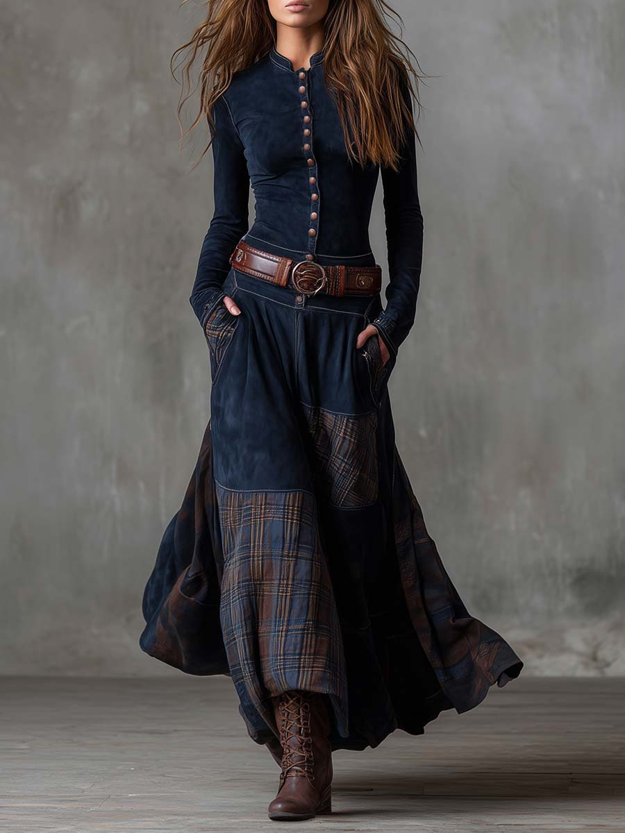 Adèle - Robe maxi en daim avec ceinture