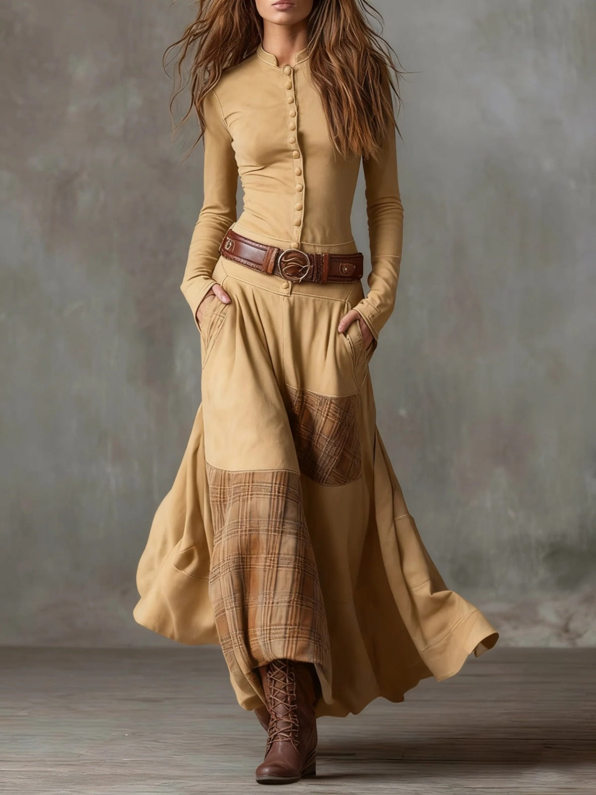 Adèle - Robe maxi en daim avec ceinture
