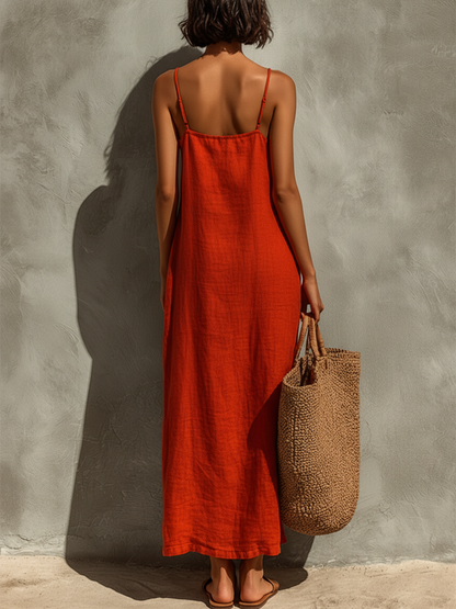 Sienne | Robe rouge en coton pour femme à bretelles spaghetti et encolure carré, style bohème-résort intemporel
