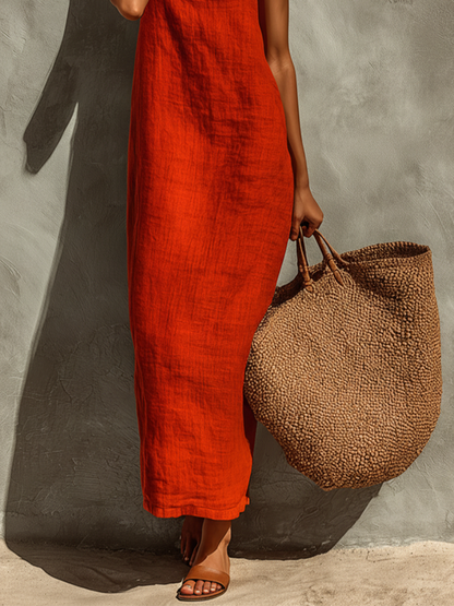 Sienne | Robe rouge en coton pour femme à bretelles spaghetti et encolure carré, style bohème-résort intemporel