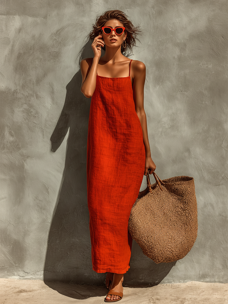 Sienne | Robe rouge en coton pour femme à bretelles spaghetti et encolure carré, style bohème-résort intemporel